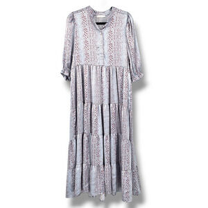 Karlie Women's Satin Feel Puff Sleeve‎ Tiered Ruffle Maxi Dress Blue Brown Small